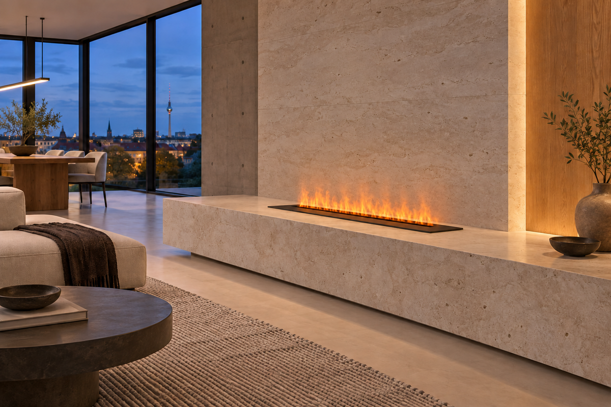 Cheminée à vapeur d’eau 3D — 120 cm dans une ambiance architecturale — vue 5