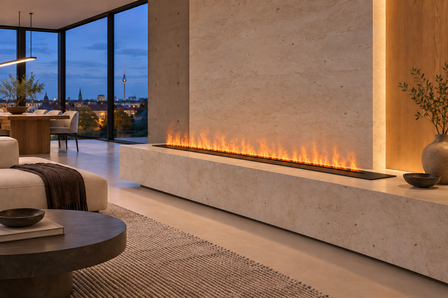 250 cm Wasserdampf-Kamin in einem stilvollen Interieur